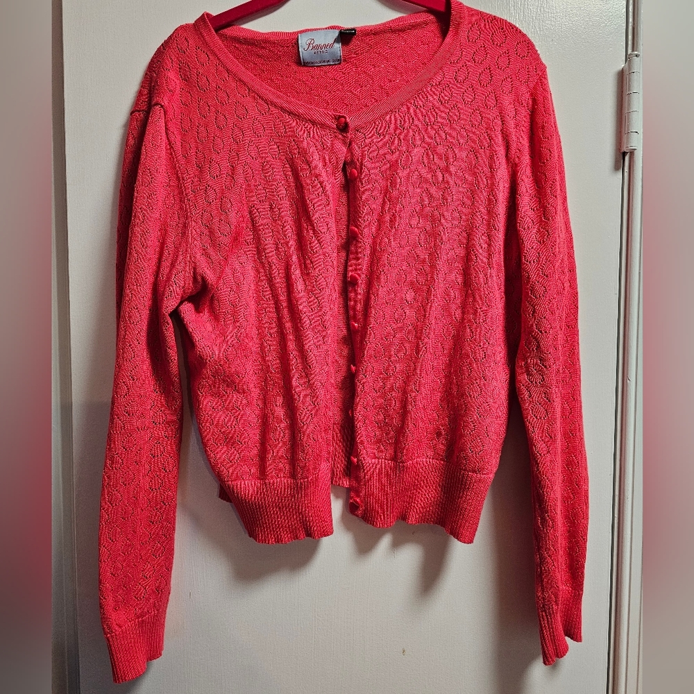 Banned Retro Lightweight Cardigan in Coral Orange/Pink - Size 2X / 18